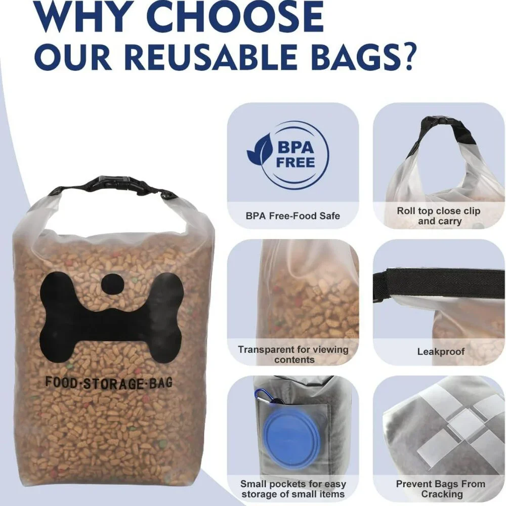 Silicone Pet Food Storage Bag,14-Cup Dog Food Bag with 2PCS Collapsible Travel B